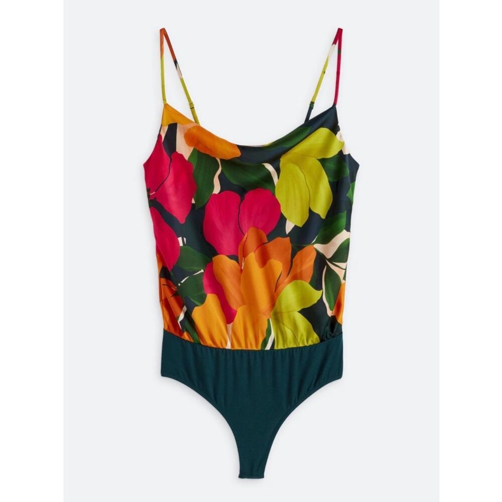 Gilli Valentina Floral Cowl Neck Bodysuit Bright Tropical Sleeveless Size Small